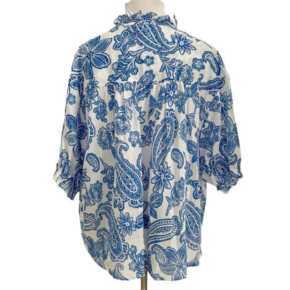 XiRENA Blue and White Ruffled Blouse with 3/4 Sleeves - Picture 4 of 8